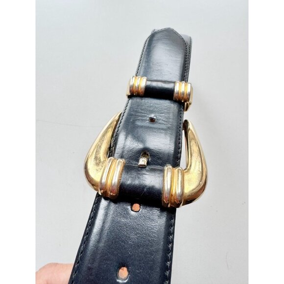 Vintage AQUASCUTUM Navy Blue Leather Large Gold Buckle Waist Belt, Size S - Picture 4 of 16